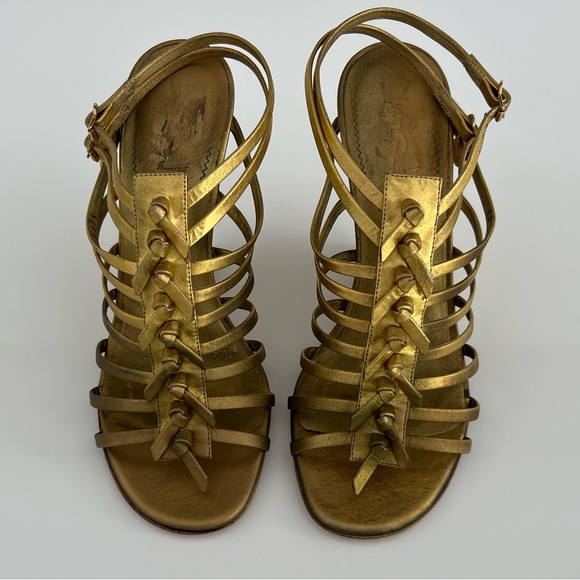 YVES SAINT LAURENT BRONZE GOLD GLADIATOR WEDGE SANDALS SIZE IT 37.5 / US 7.5 - Picture 3 of 17